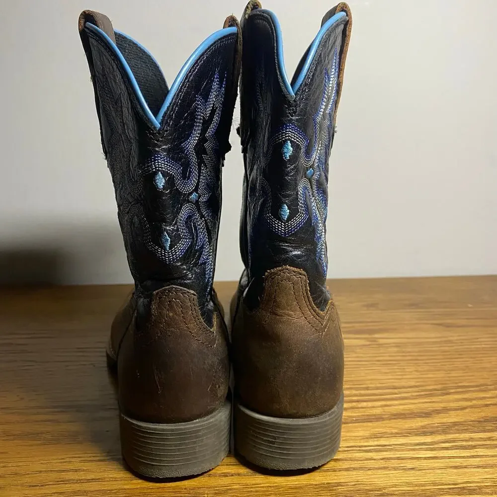 Ariat Tombstone Wide Square Toe Western Cowboy Boots Brown Blue Youth Boys Sz 1